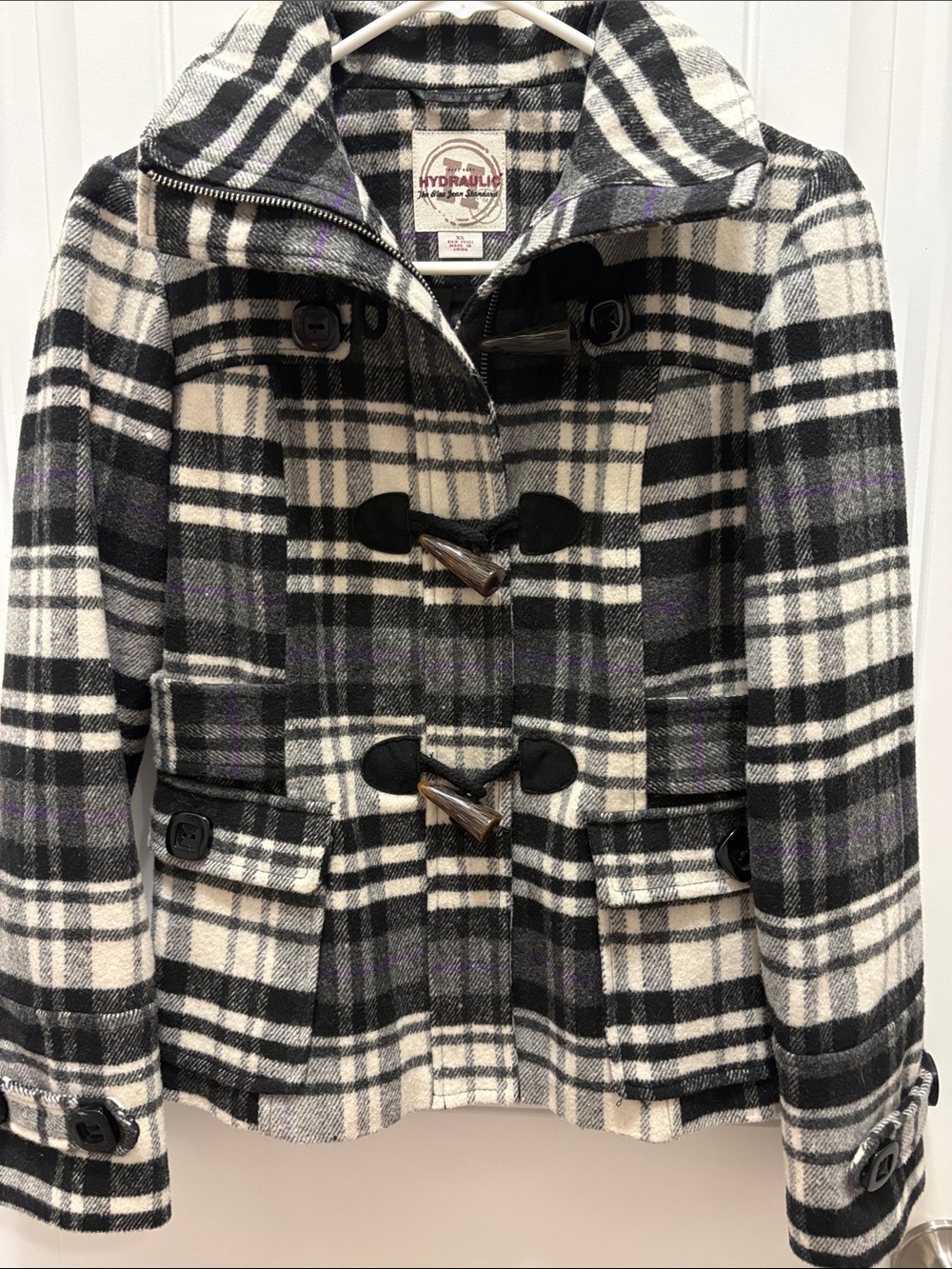 Hydraulic Women’s XS Plaid Toggle Wool Blend Jacket Coat Black Cream